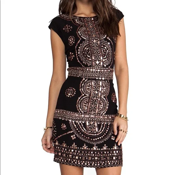 revolve beaded dress Dana Buchman 1980s Black Wrap Dress With Bugle Beaded Collar and Cuff main image 0